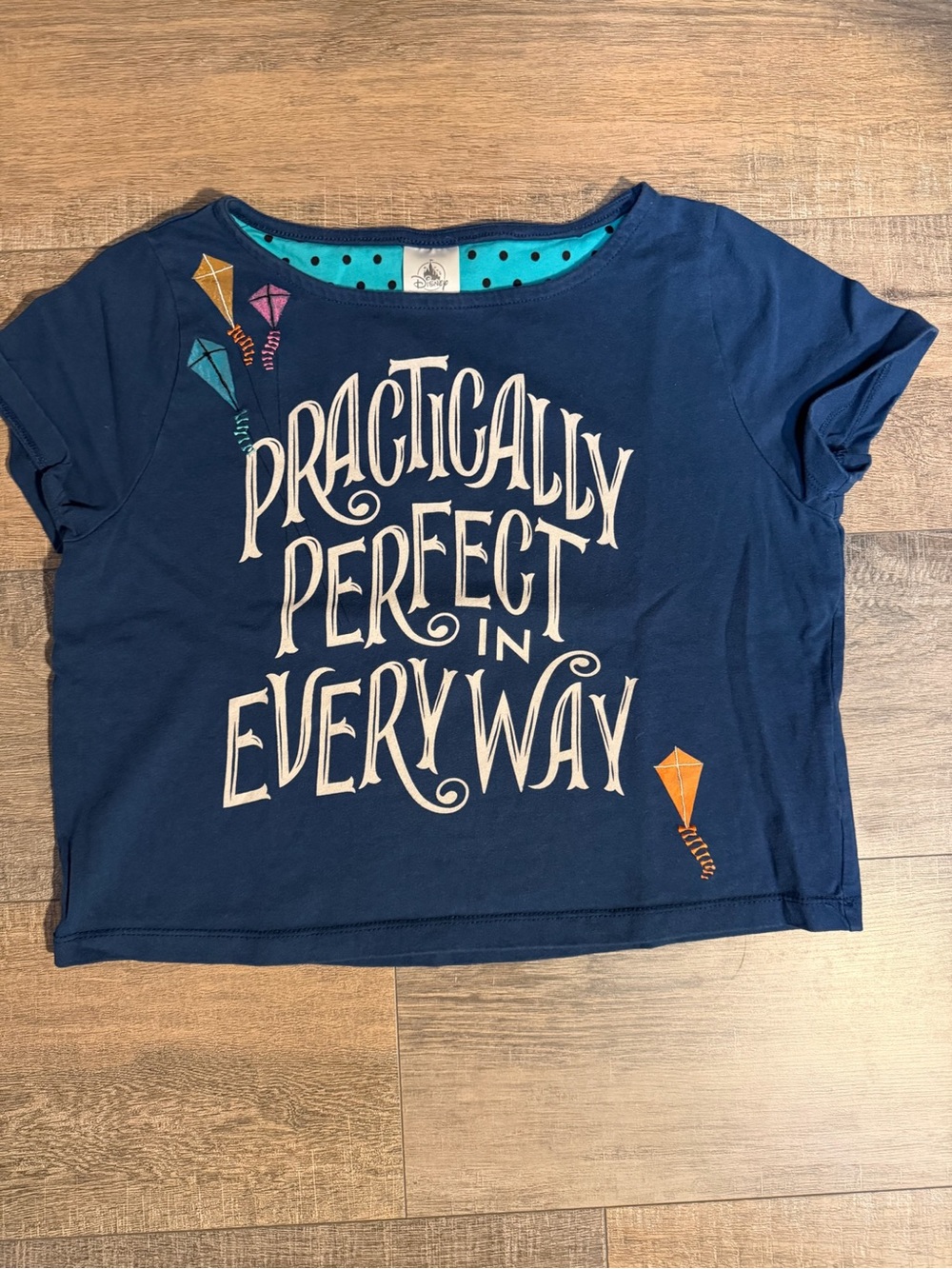 Disney Mary Poppins Navy Tee with Cream Lettering and Colorful Kite Accents